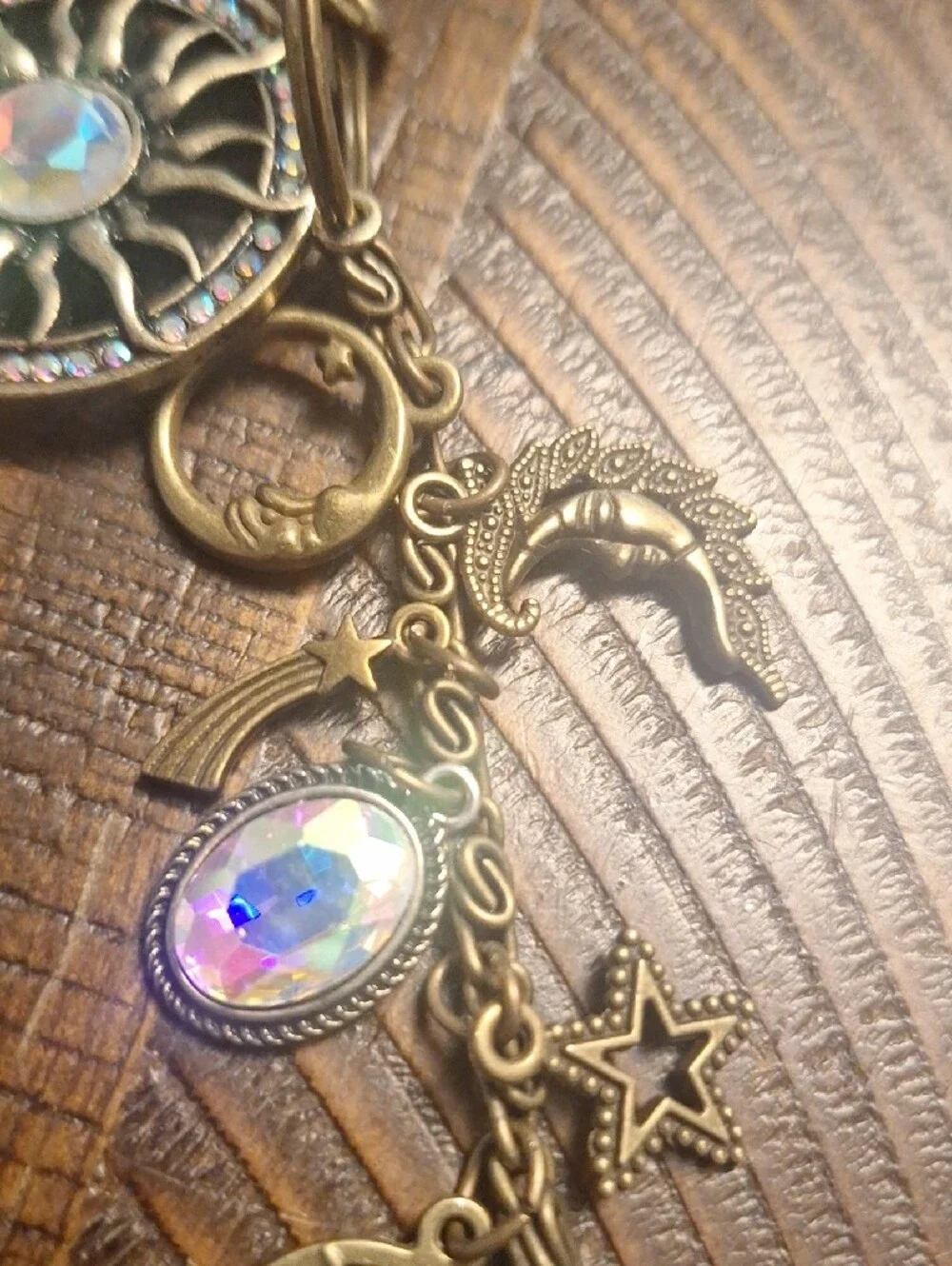 Bronze Celestial Sun & Moon Charm Keychain Bag Charm with Iridescent Crystals